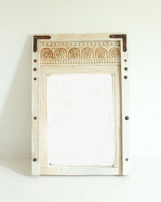 Rustic Hand Carved Wooden Mirror // Off-White