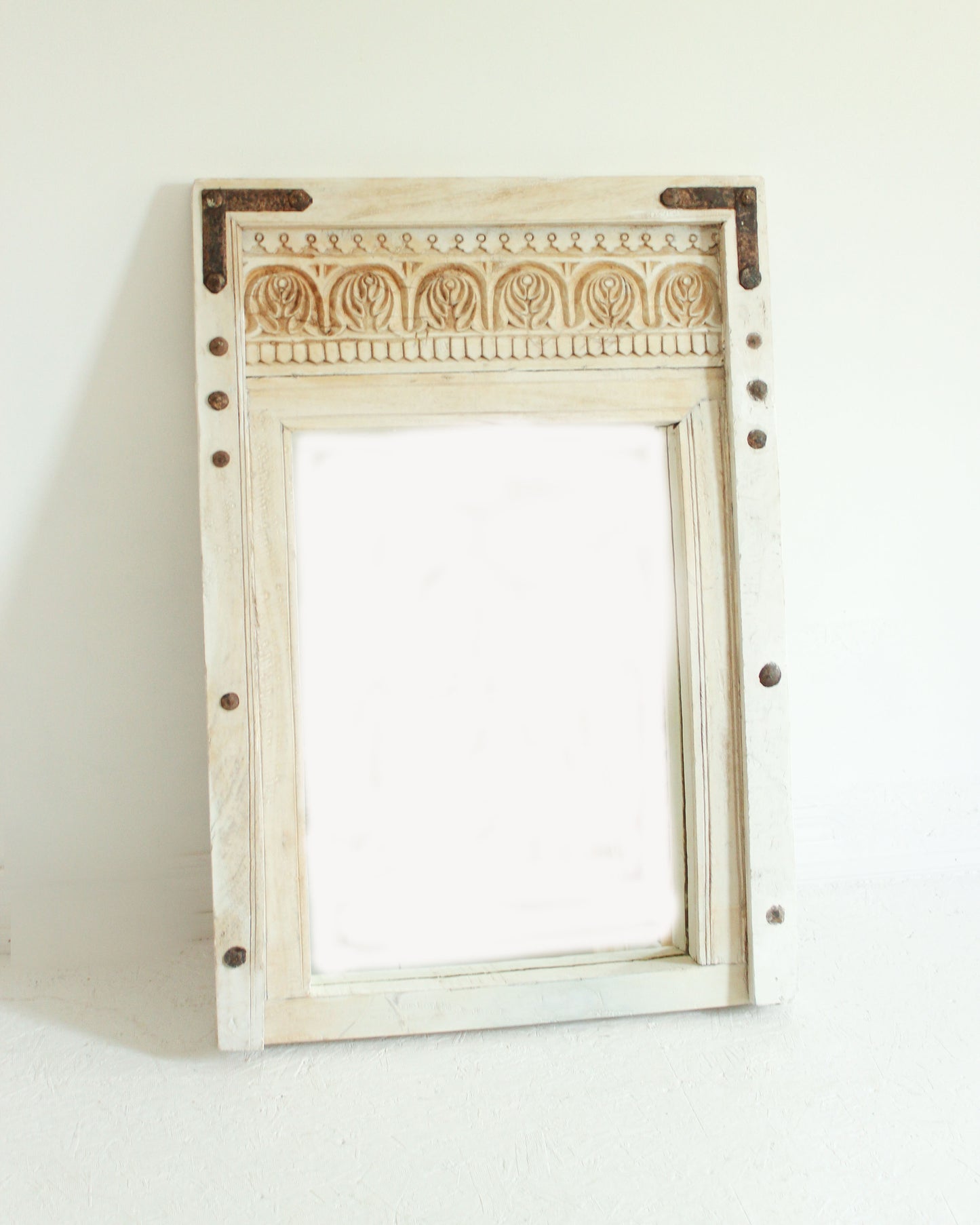 Rustic Hand Carved Wooden Mirror // Off-White