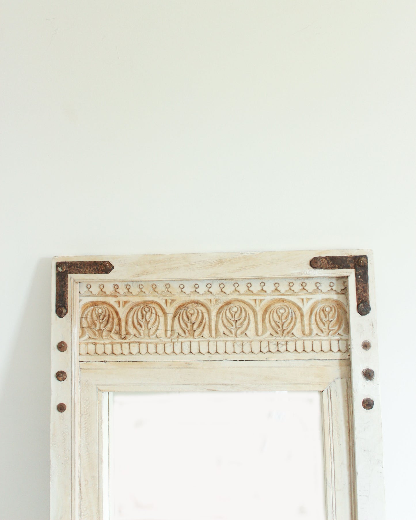 Rustic Hand Carved Wooden Mirror // Off-White