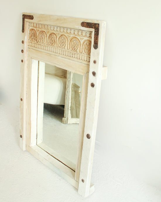 Load image into Gallery viewer, Rustic Hand Carved Wooden Mirror // Off-White
