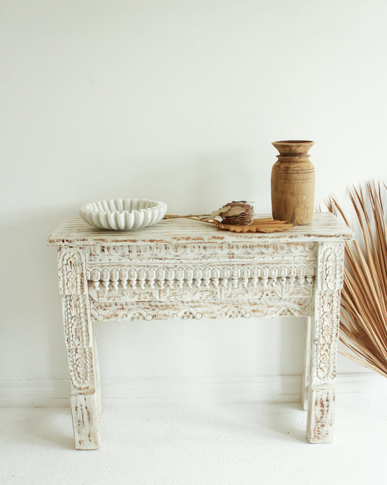 Load image into Gallery viewer, White Washed Carved Console Table
