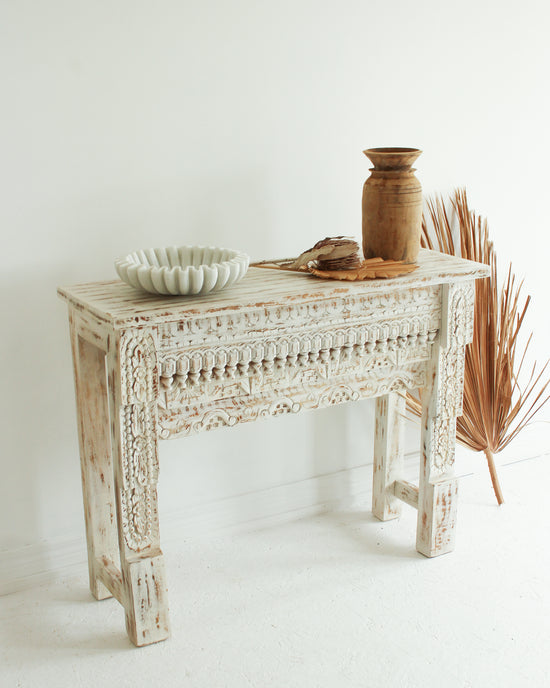 Load image into Gallery viewer, White Washed Carved Console Table
