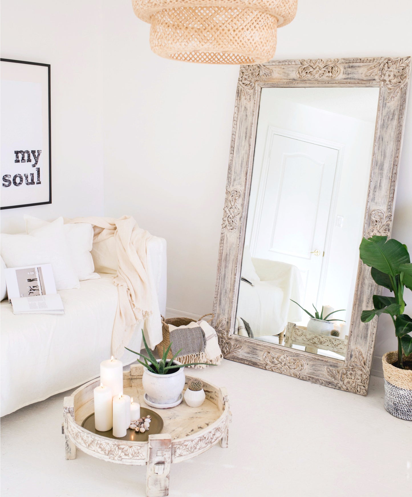 THE GERDU - hand carved white wash extra large wall mirror 
