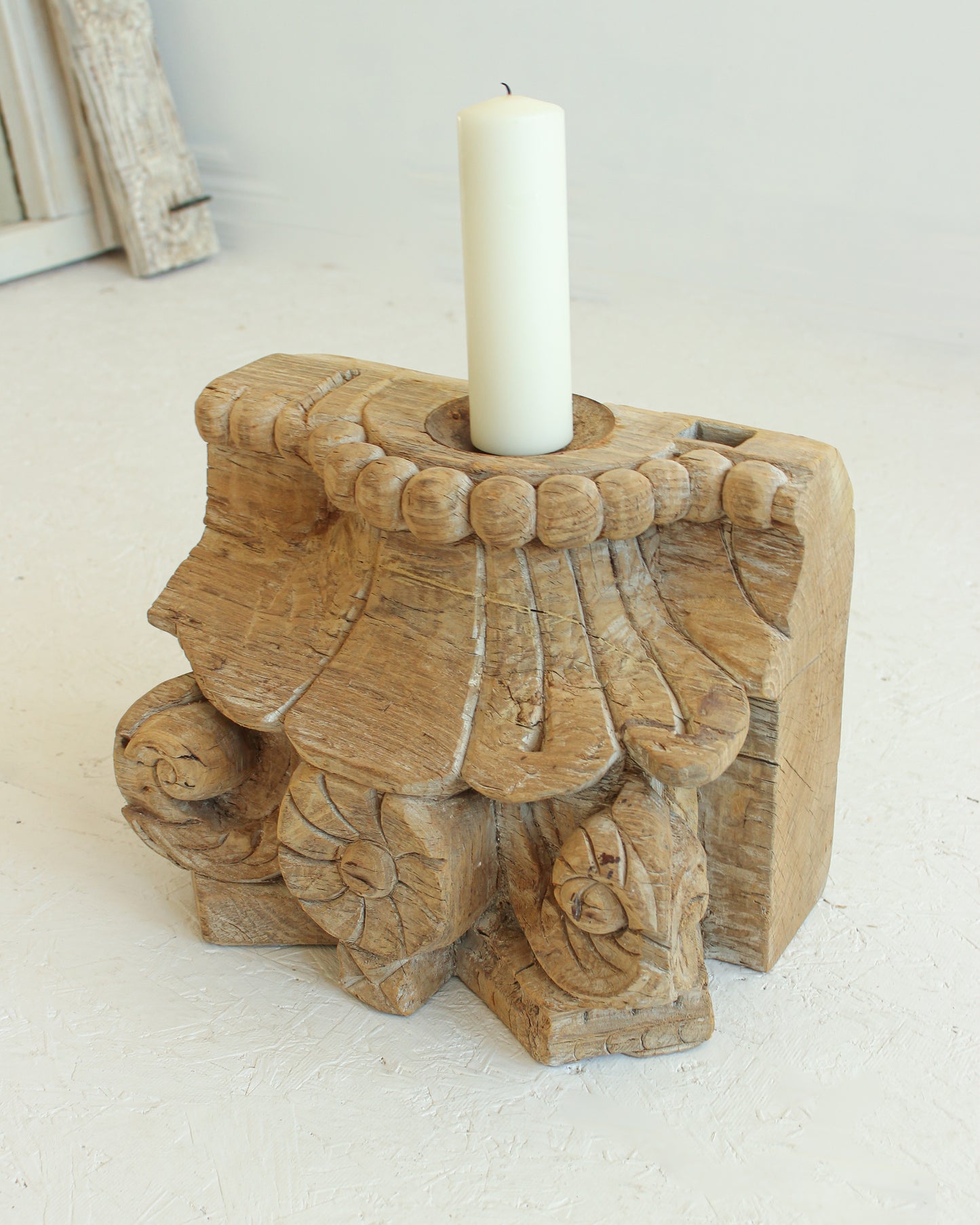Reclaimed Vintage Indian Pillar Candle Stand / BLEACHED // Style 2