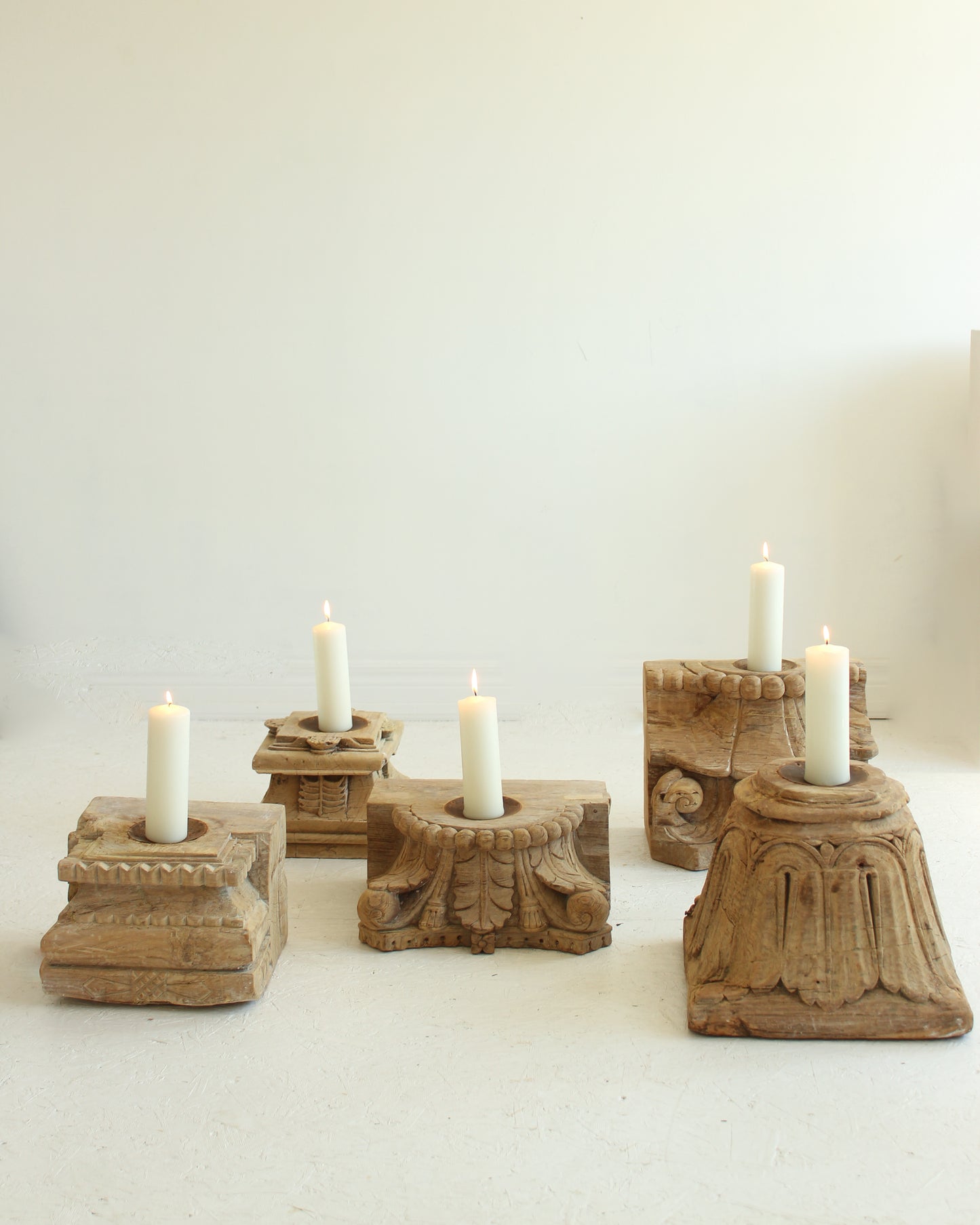 Reclaimed Vintage Indian Pillar Candle Stand / BLEACHED // Style 2