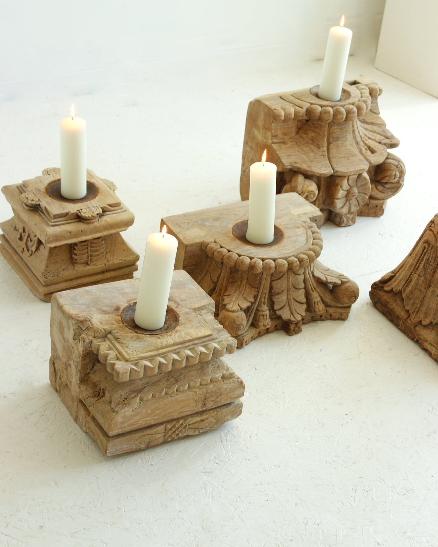 Reclaimed Vintage Indian Pillar Candle Stand / BLEACHED // Style 4