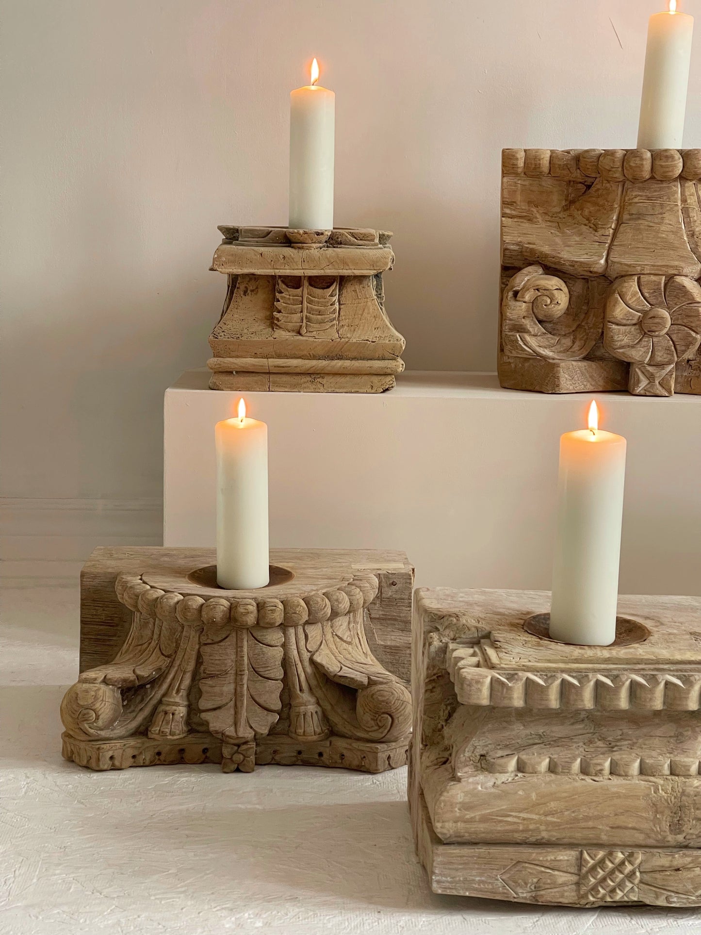 Reclaimed Vintage Indian Pillar Candle Stand / BLEACHED // Style 2
