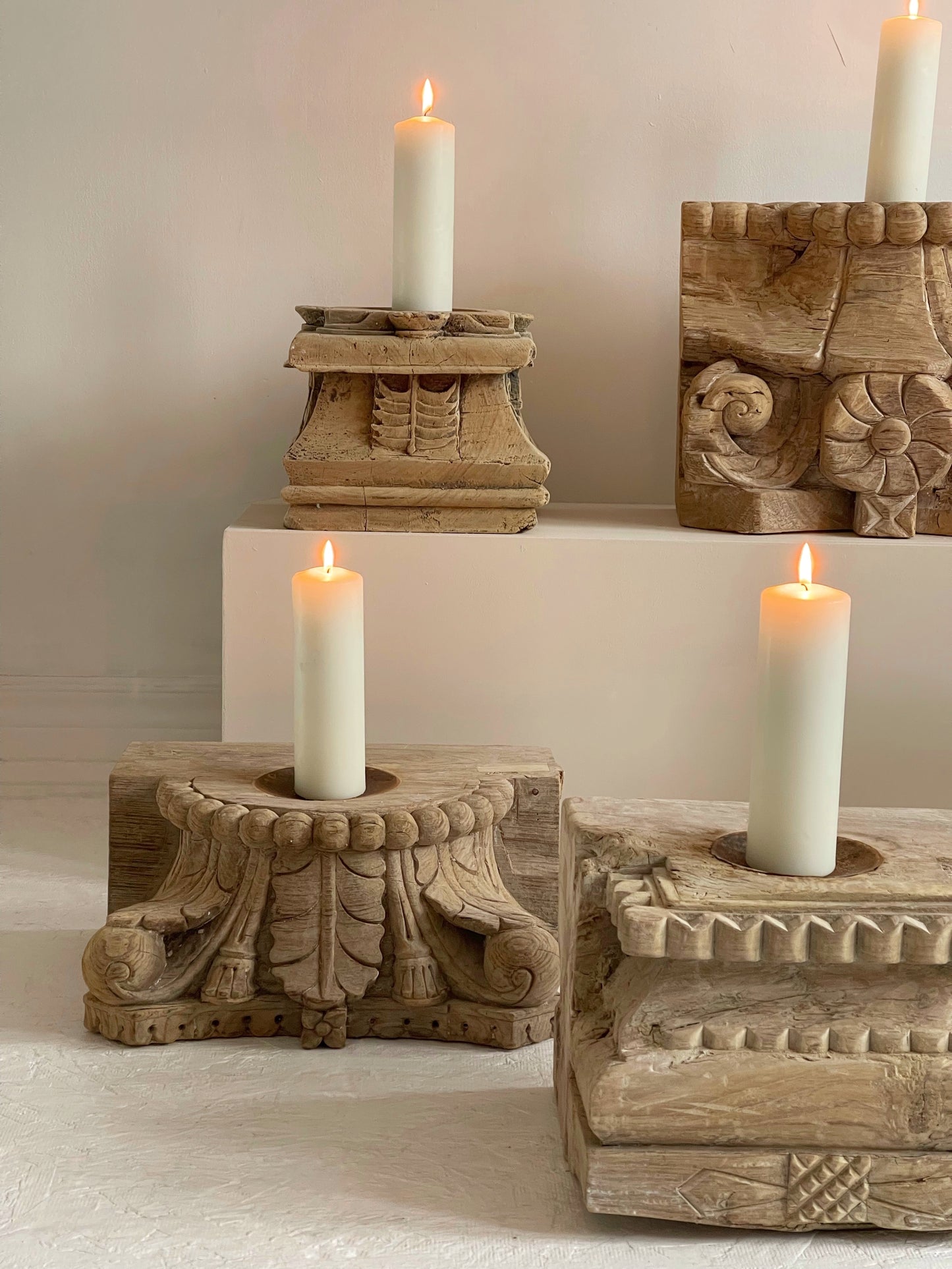 Load image into Gallery viewer, Reclaimed Vintage Indian Pillar Candle Stand / BLEACHED // Style 2
