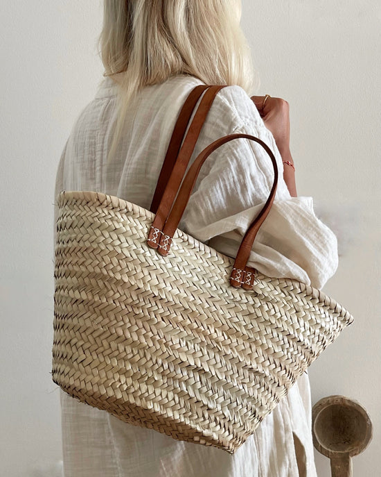 Handwoven Moroccan Palm Basket With Leather Straps