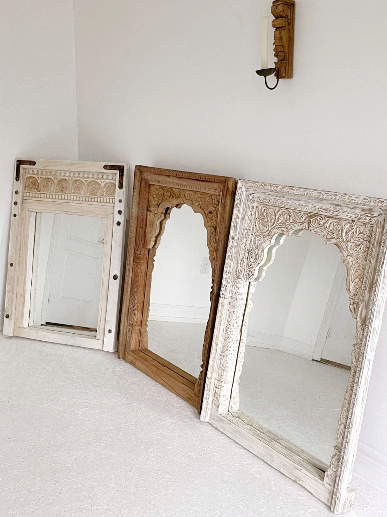 Rustic Hand Carved Wooden Mirror // Off-White