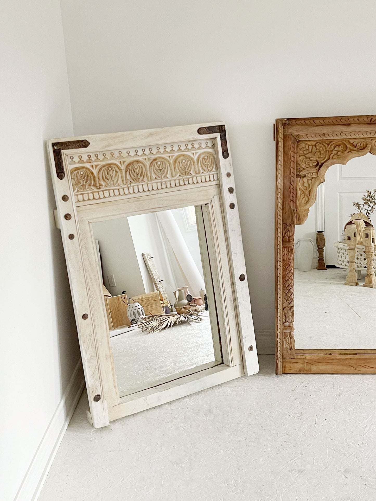 Rustic Hand Carved Wooden Mirror // Off-White