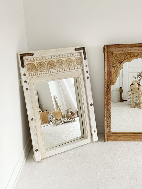Load image into Gallery viewer, Rustic Hand Carved Wooden Mirror // Off-White
