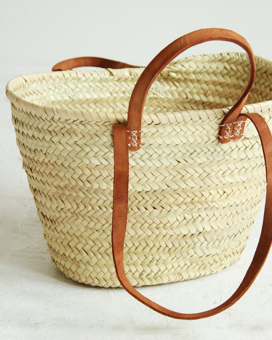 Load image into Gallery viewer, Handwoven Moroccan Palm Basket With Leather Straps
