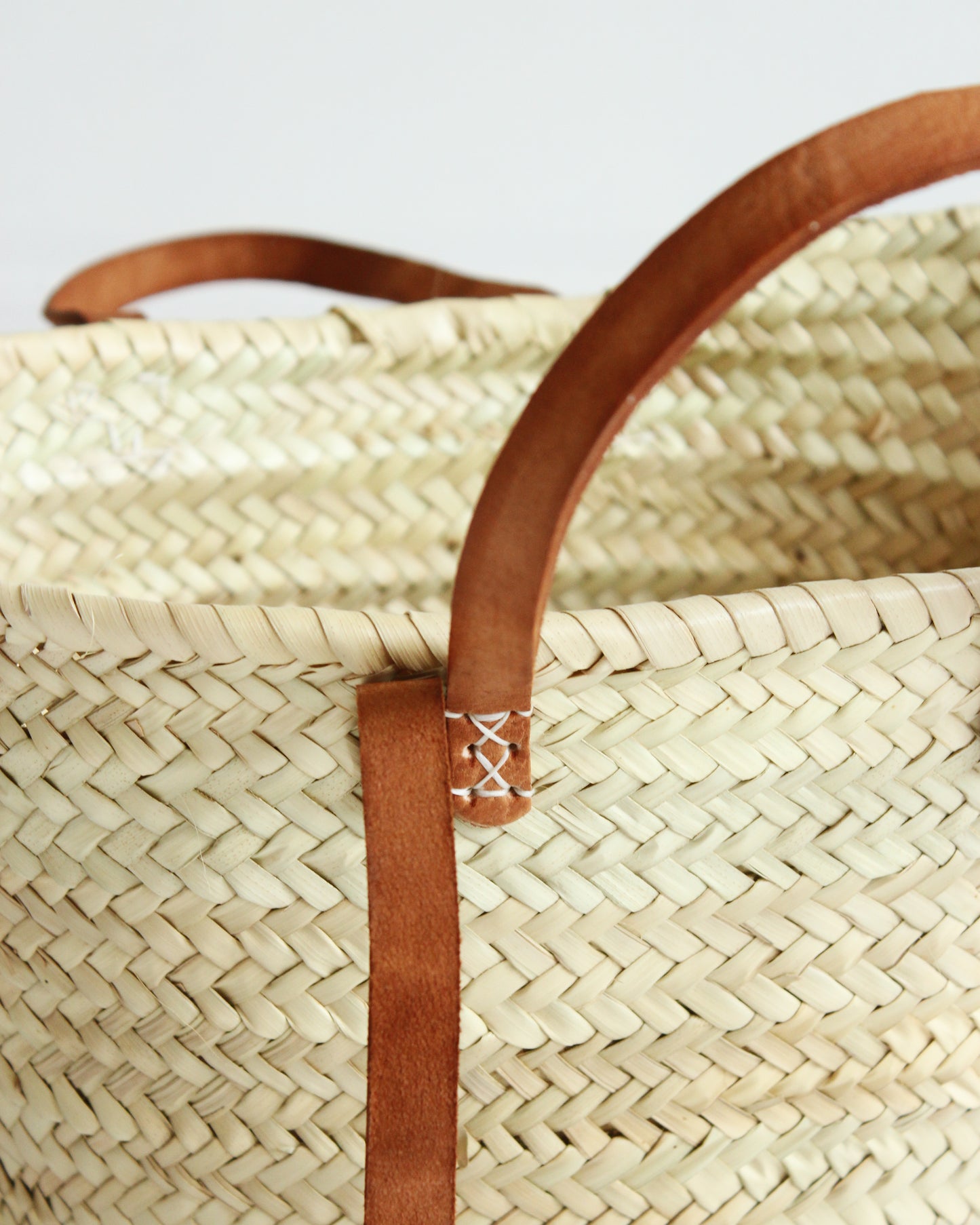 Handwoven Moroccan Palm Basket With Leather Straps