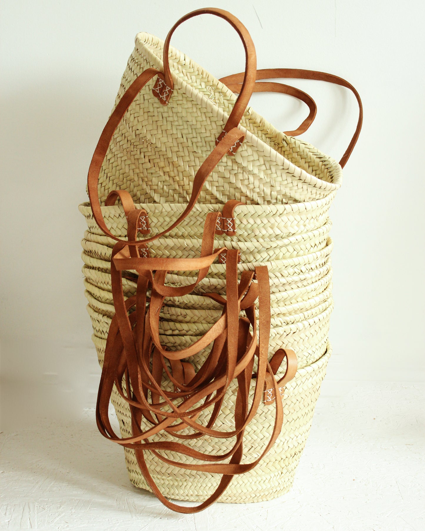 Handwoven Moroccan Palm Basket With Leather Straps